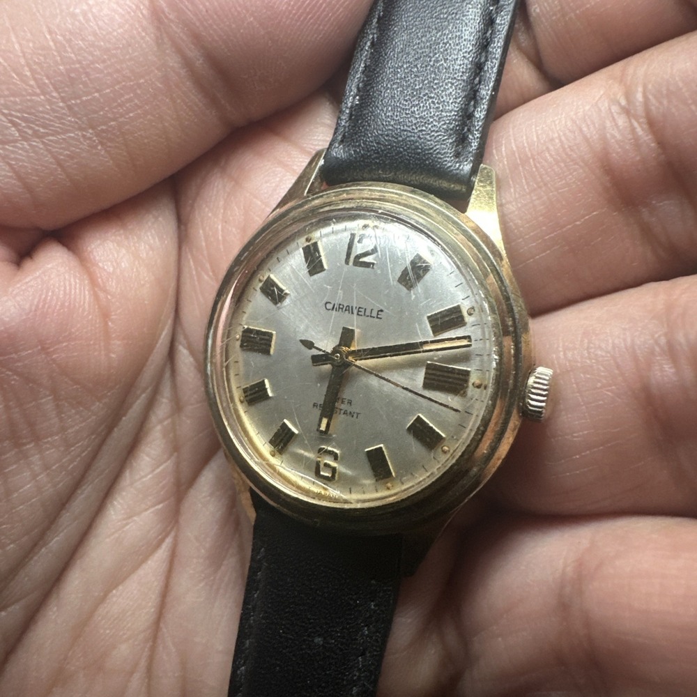 Works VTG 1970s Caravelle N1 Gold‎ Tone Mens Manual Wind 32mm Fit 7in Black Runs